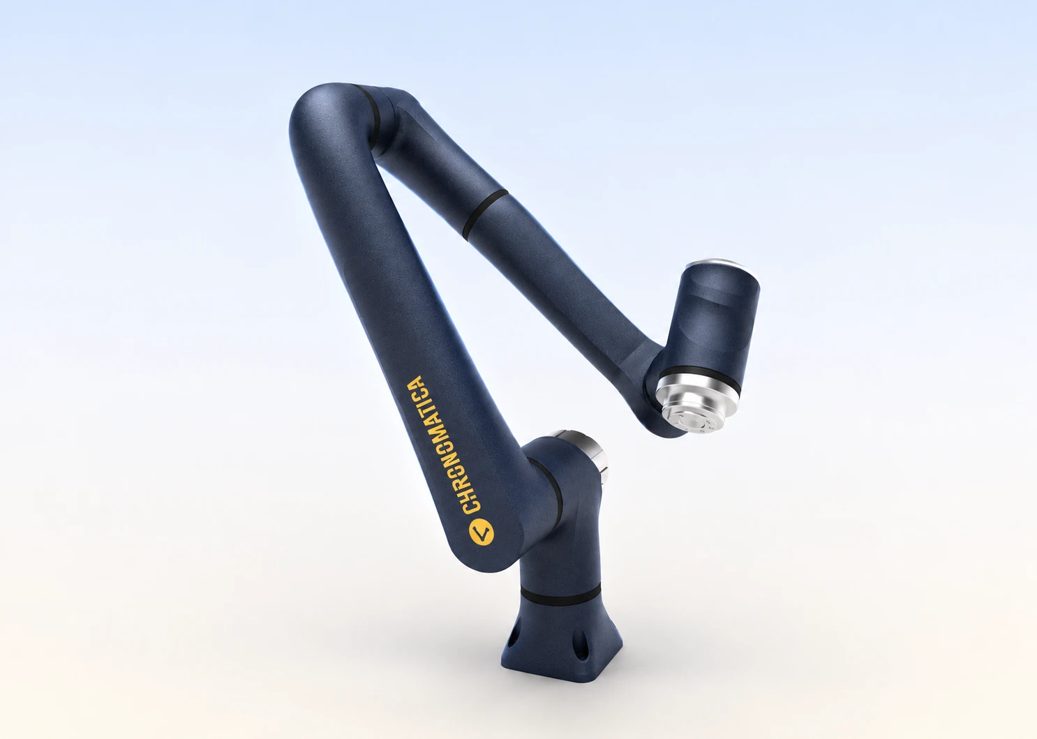 Chrono collaborative robot arm in cobalt blue, reaching forward, Chronomatica wordmark on the upper link